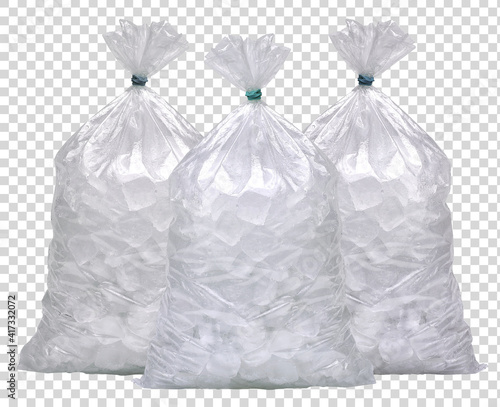 Ice cubes in plastic bag, bagged ice or packaged ice mock up on isolated background including clipping path.	