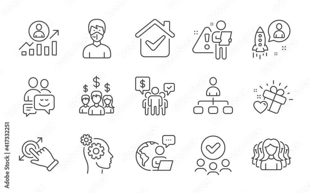 Salary employees, Teamwork and Touchscreen gesture line icons set. Career ladder, Startup and Love gift signs. Communication, Approved group and Women group symbols. Line icons set. Vector
