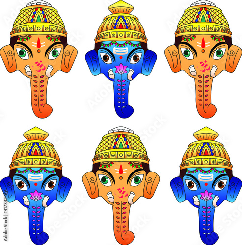 Lord Ganesha and goddess Durga (paper mache) mask. It can be used for a coloring book, textile/ fabric prints, phone case, greeting card. logo, calendar. In Kalamkari /Madhubani style