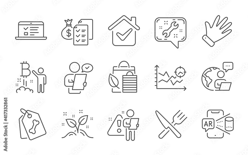 Fototapeta premium Augmented reality, Customer survey and Hand line icons set. Web lectures, Startup concept and Accounting wealth signs. Food, Bitcoin project and Pet tags symbols. Line icons set. Vector