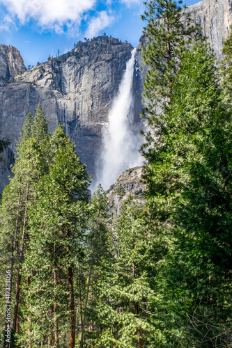 Yosemite Falls, as seen above the evergreen trees in Yosemite Valley - Yosemite National Park, California, USA