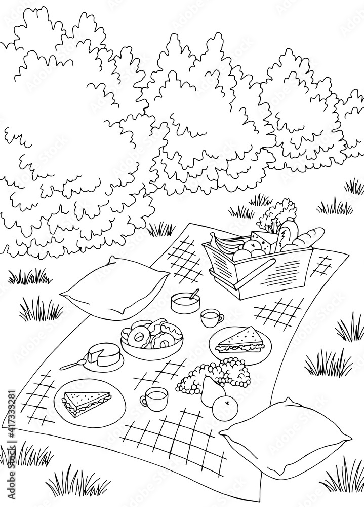 Picnic vertical graphic black white landscape sketch illustration