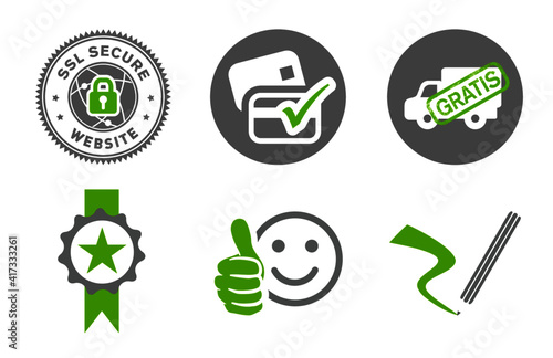 Onlineshop Icons für Footer etc.: Payment, Qualität, Lieferung, Bearbeiten, Individualisieren, Kundenzufriedenheit und Service