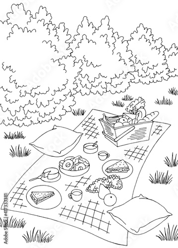 Picnic vertical graphic black white landscape sketch illustration vector