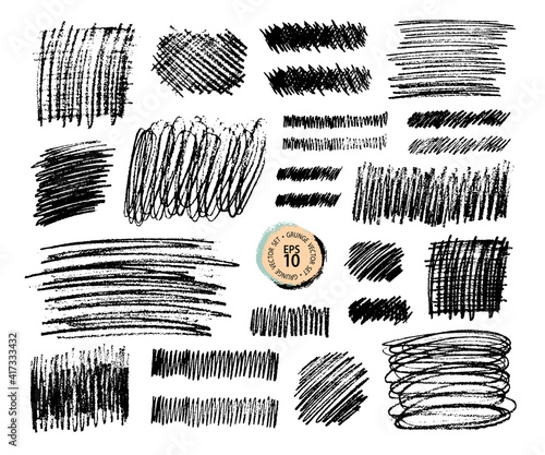 Grunge pencil sketches set. Grunge stains collection. Charcoal pencil hatches. Doodle scribbles set. Grungy textures and strokes.