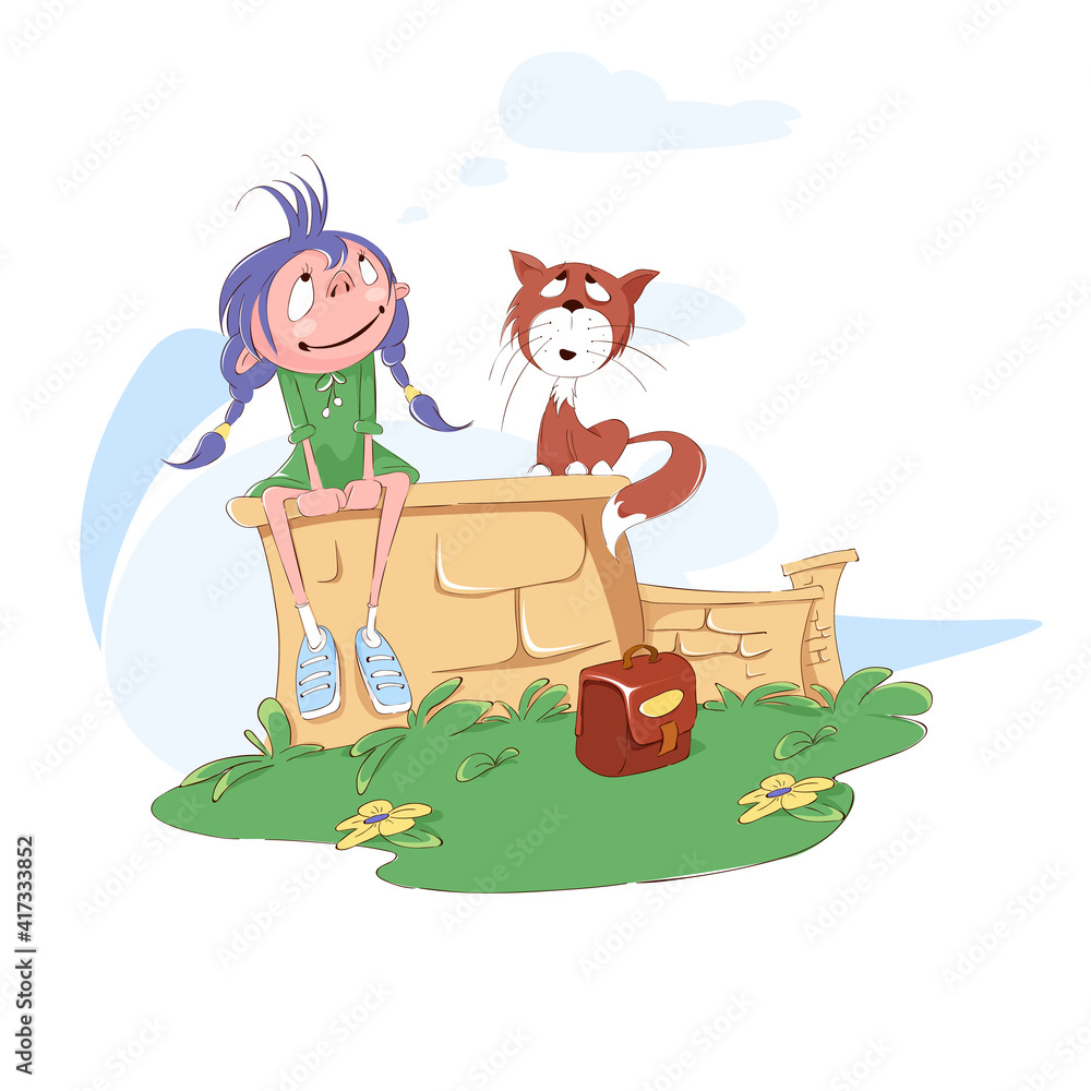 Schoolgirl sitting on the fence with a kitten. Cheerful schoolgirl. Vector illustration. Schoolgirl sitting on the fence with a kitten. Cheerful schoolgirl. Vector illustration.