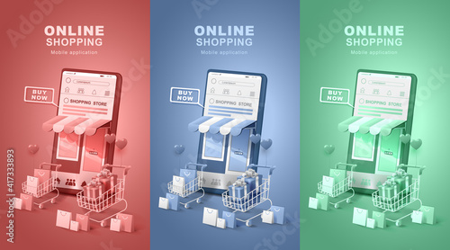 Online shopping on social media. Smartphone with shopping bag and gift box. Digital stores, Application delivery. vector illustration