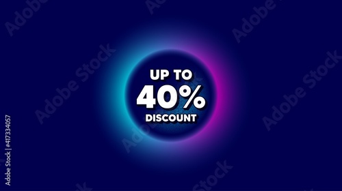 Up to 40 percent Discount. Abstract neon background with dotwork shape. Sale offer price sign. Special offer symbol. Save 40 percentages. Offer neon banner. Discount tag badge. Vector