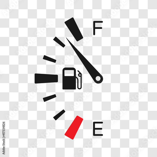 Fuel tank dial gage sign. Transportation petrol level indicator symbol. Vector illustration on transparent background.