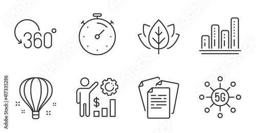 Employees wealth, Graph chart and Air balloon line icons set. Organic tested, Timer and 5g technology signs. Documents, Full rotation symbols. Results chart, Growth report, Sky travelling. Vector