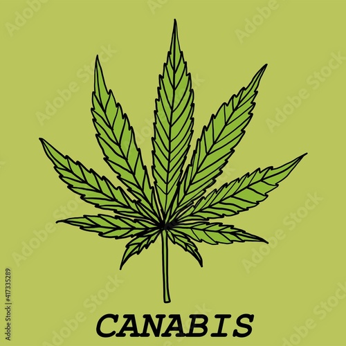 Canabis leaf freehand drawing on yellow background.
