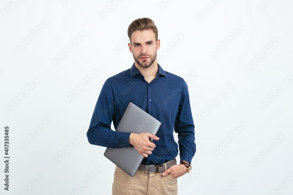 handsome man businessman hold laptop isolated on white, business handsome man businessman hold laptop isolated on white, business
