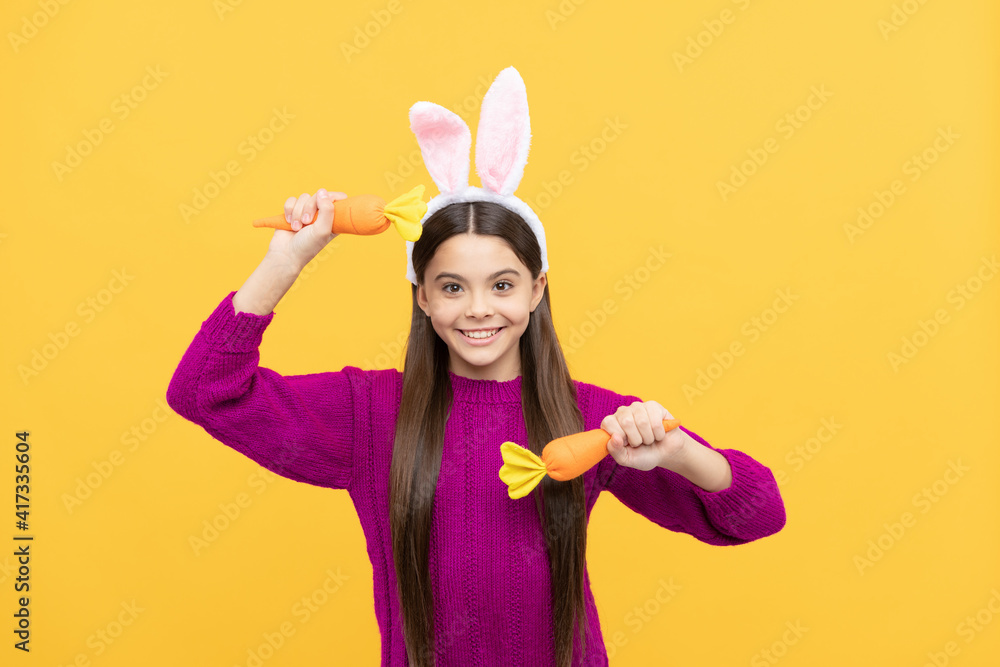 happy easter teen girl in funny bunny ears hold carrot, happy easter