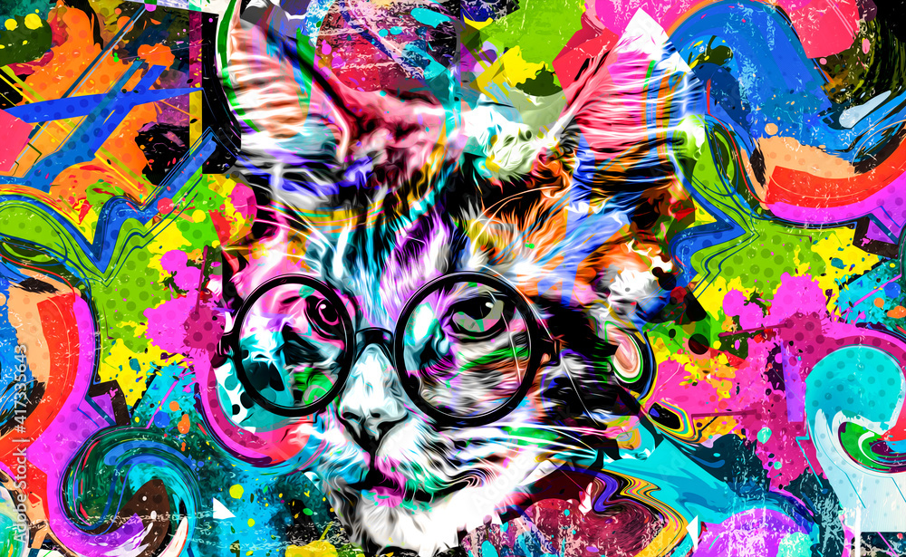Fototapeta premium cat head with eyeglasses and creative abstract elements on colorful background