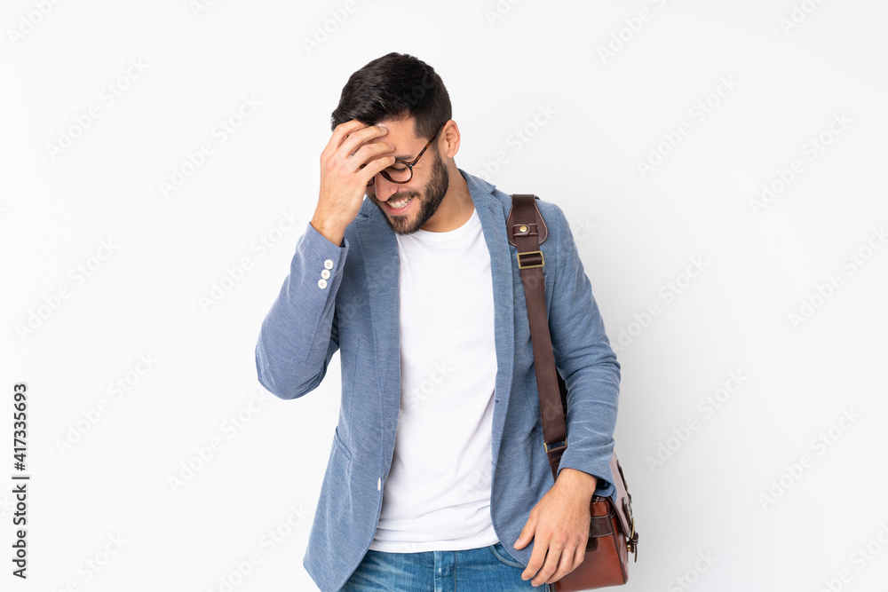 Caucasian business man isolated on white background laughing Caucasian business man isolated on white background laughing