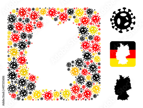 German geographic map hole mosaic. Stencil rounded square collage formed from virus elements in variable sizes, and Germany flag official colors - red, yellow, black.