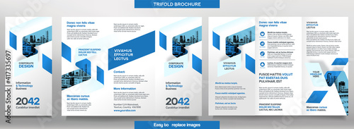 Business Brochure Template in Tri Fold Layout. Corporate Design Leaflet with replacable image.