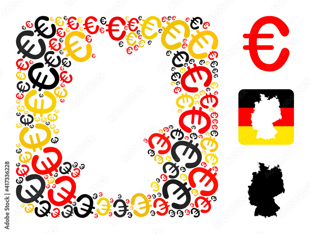 Germany map subtraction mosaic. Stencil rounded rectangle collage composed of euro elements in different sizes, and Germany flag official colors - red, yellow, black.