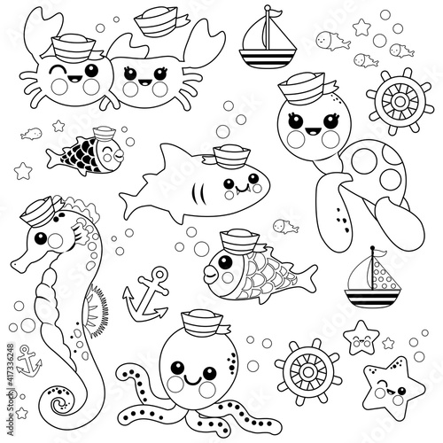 Cute sea sailor animals swimming underwater. Vector black and white coloring page