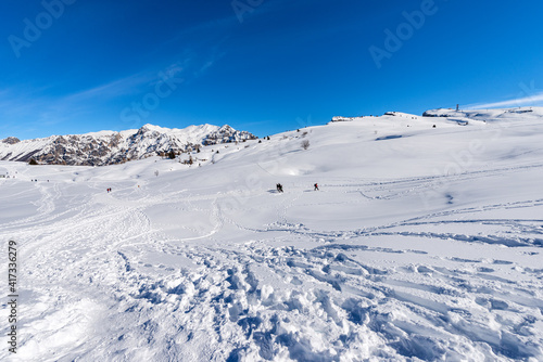 Malga San Giorgio ski resort on Lessinia High Plateau in winter with snow and Carega Mountain also called the small Dolomites. Bosco Chiesanuova municipality, Verona province, Veneto, Italy, Europe.