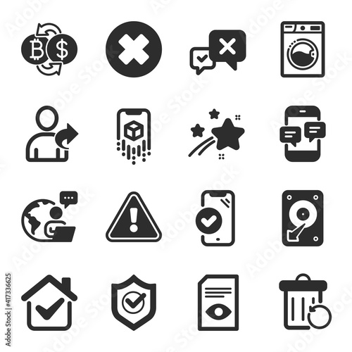 Set of Technology icons, such as Phone messages, Hdd, Approved phone symbols. Washing machine, Refer friend, Bitcoin exchange signs. Approved shield, Close button, Recovery trash. Reject. Vector