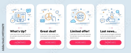 Set of Finance icons, such as Bitcoin atm, Cashback, Pie chart symbols. Mobile screen banners. Innovation line icons. Cryptocurrency change, Refund commission, Presentation graph. Crowdfunding. Vector