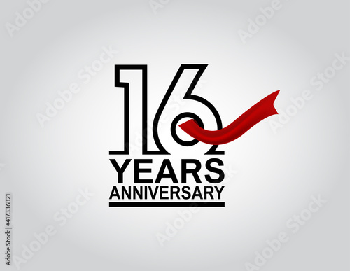 16 years anniversary logotype with black outline number and red ribbon isolated on white background for celebration