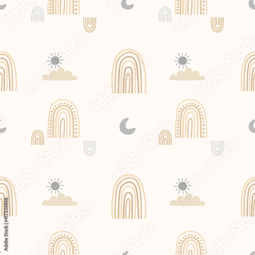 Seamless pattern rainbow moon and cloud