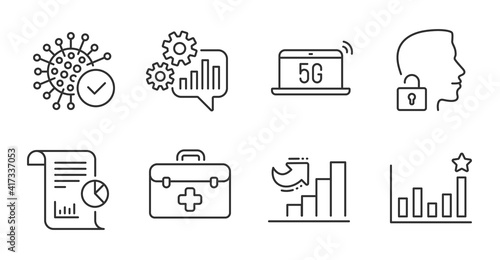 Efficacy, Cogwheel and Coronavirus line icons set. Unlock system, 5g notebook and First aid signs. Growth chart, Report symbols. Business chart, Engineering tool, Confirmed infection. Vector