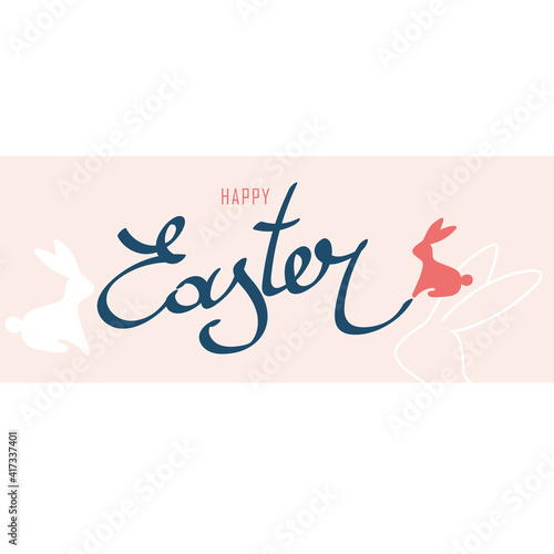 Happy Easter vector illustration, banner, poster with Easter bunnies. Easter design for greeting banner, poster, flyer, web. Holiday concept