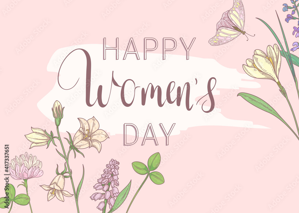 Happy womens day. March 8. Pink banner with spring flowers Happy womens day. March 8. Pink banner with spring flowers