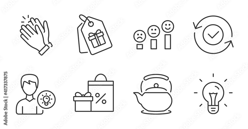 Clapping hands, Idea and Person idea line icons set. Security confirmed, Customer satisfaction and Teapot signs. Shopping, Coupons symbols. Clap, Light bulb, Lamp energy. Quality line icons. Vector Clapping hands, Idea and Person idea line icons set. Security confirmed, Customer satisfaction and Teapot signs. Shopping, Coupons symbols. Clap, Light bulb, Lamp energy. Quality line icons. Vector
