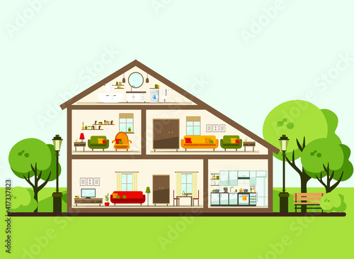 House in a cut. Detailed modern home interior. rooms with furniture. flat vector illustration