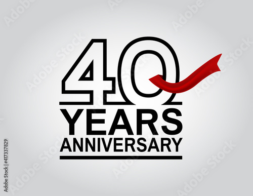40 years anniversary logotype with black outline number and red ribbon isolated on white background for celebration