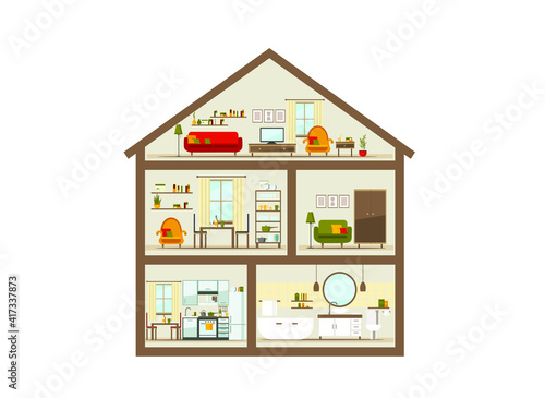House in a cut. Detailed modern home interior. rooms with furniture. flat vector illustration