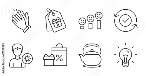 Clapping hands  Idea and Person idea line icons set. Security confirmed  Customer satisfaction and Teapot signs. Shopping  Coupons symbols. Clap  Light bulb  Lamp energy. Quality line icons. Vector