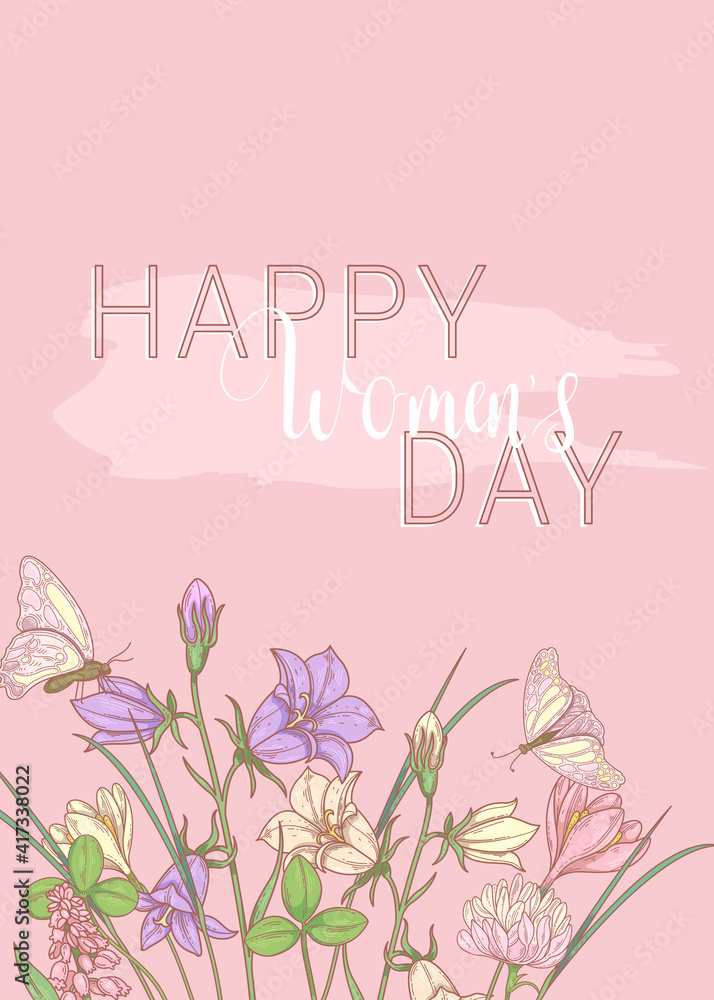 Happy womens day. March 8. Pink banner with spring flowers