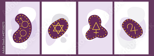 A set of runes with astrological signs on cover templates and for backgrounds. Vector illustration with signs and pictograms. For palmistry and divination.