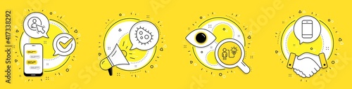 Business idea, User and Bacteria line icons set. Cell phone, megaphone and deal vector icons. Smartphone sign. Work planning, Project manager, Antibacterial. Cellphone or phone. Business set. Vector