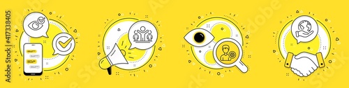 Check eye, Winner and Support line icons set. Cell phone, megaphone and deal vector icons. Save planet sign. Vision, Best results, Edit profile. Outsourcing. People set. Vector