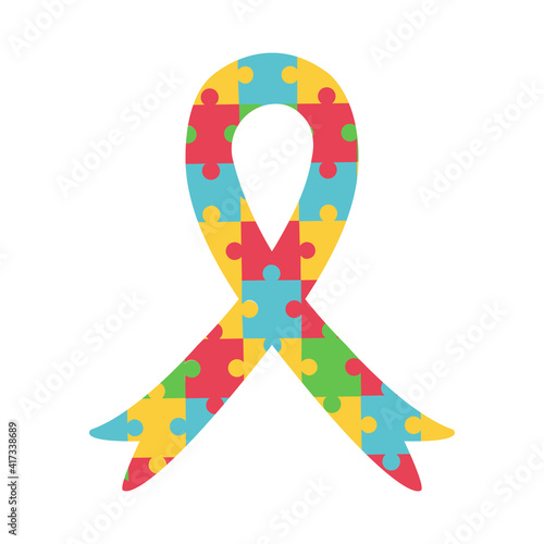 International Autism Awareness Day Banner. Ribbon with colorful puzzle pieces pattern. Jigsaw mosaic as symbol of Autistic people. Social Difficulty. Mental disorder. Vector banner or poster on white.