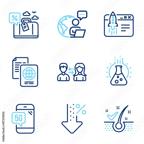 Business icons set. Included icon as Anti-dandruff flakes, Low percent, Passport document signs. People communication, Chemistry lab, Travel loan symbols. 5g phone, Start business. Vector