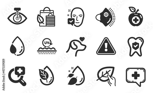 Leaf dew, Water drop and Medical chat icons simple set. Organic tested, Eye laser and Medical mask signs. Uv protection, Dental insurance and Pets care symbols. Flat icons set. Vector