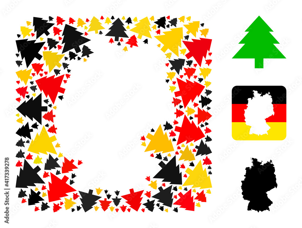 Germany map stencil mosaic. Stencil rounded square collage composed from fir tree elements in different sizes, and Germany flag official colors - red, yellow, black.