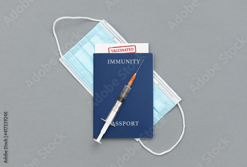 Covid-19 Immunity Passport concept with vaccine and mask, from above.