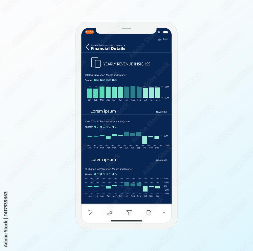 Mobile dashboard with data visualization in blue all bar charts Mobile dashboard with data visualization in blue all bar charts