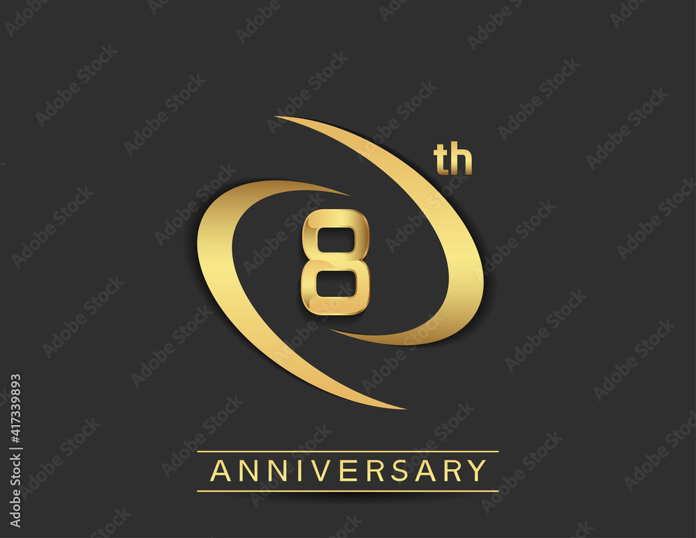 8 years anniversary logo style with swoosh ring golden color isolated on black background for celebration moment 8 years anniversary logo style with swoosh ring golden color isolated on black background for celebration moment