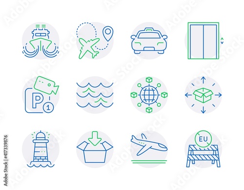 Transportation icons set. Included icon as Lift, Taxi, Airplane signs. Ship, Get box, Waves symbols. Logistics network, Parcel delivery, Arrivals plane. Parking security, Lighthouse. Vector