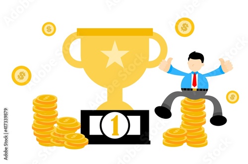 businessman worker pick trophy win champion cartoon doodle flat design style vector illustration