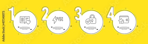 Love book, Verified locker and Quickstart guide line icons set. Timeline process infograph. Loyalty program sign. Customer feedback, Protection locker, Lightning symbol. Bonus wallet. Vector